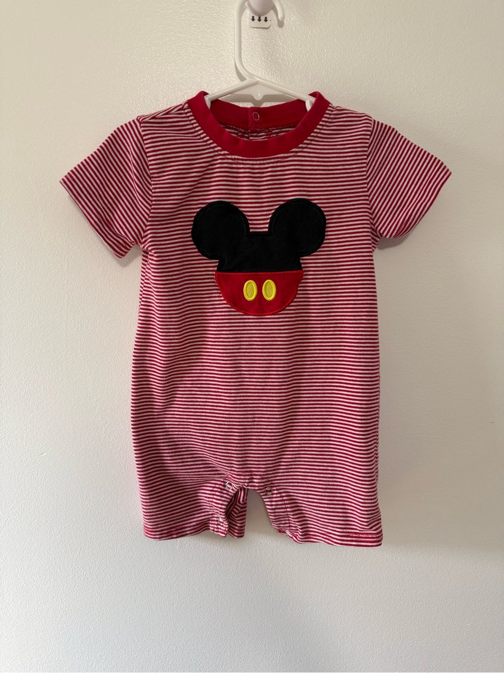 Red Striped Short-Sleeve Baby Romper with Mickey Mouse